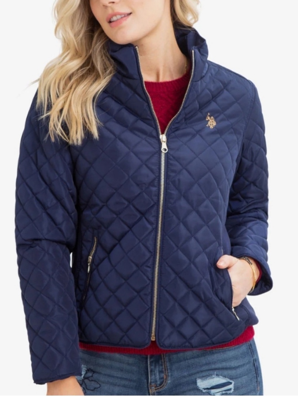 U.S. Polo Assn. Quilted Navy Puffer Jacket with Gold Logo
